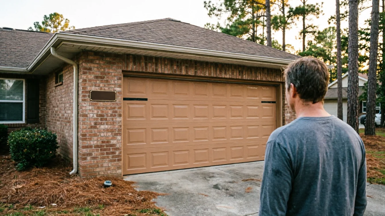 A man stands facing a brown garage door on a brick house.