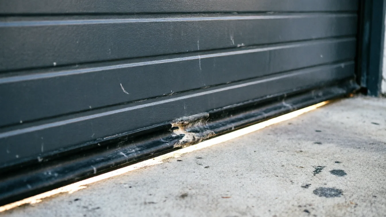 The garage door bottom seal is damaged, letting light show under the door.