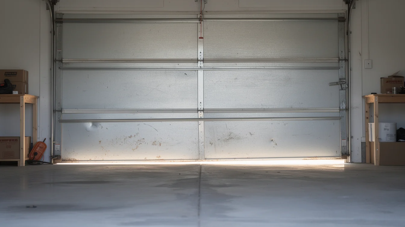The garage door is closed with light shining underneath, and shelves are on both sides.