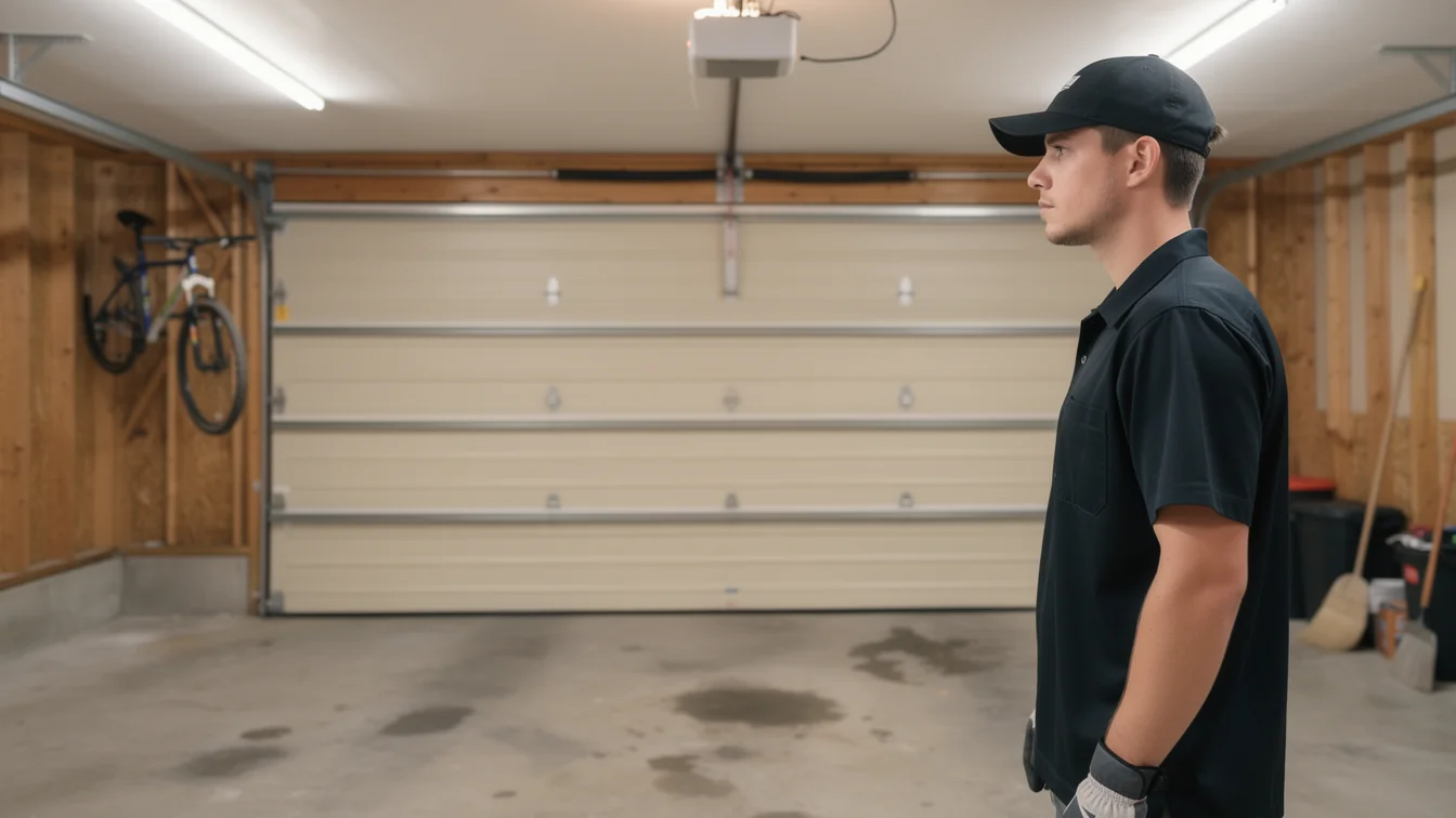 A technician stands in a garage with a closed beige garage door.