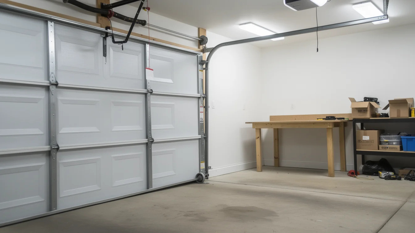 A white garage door is partially open with a workbench and shelves inside.