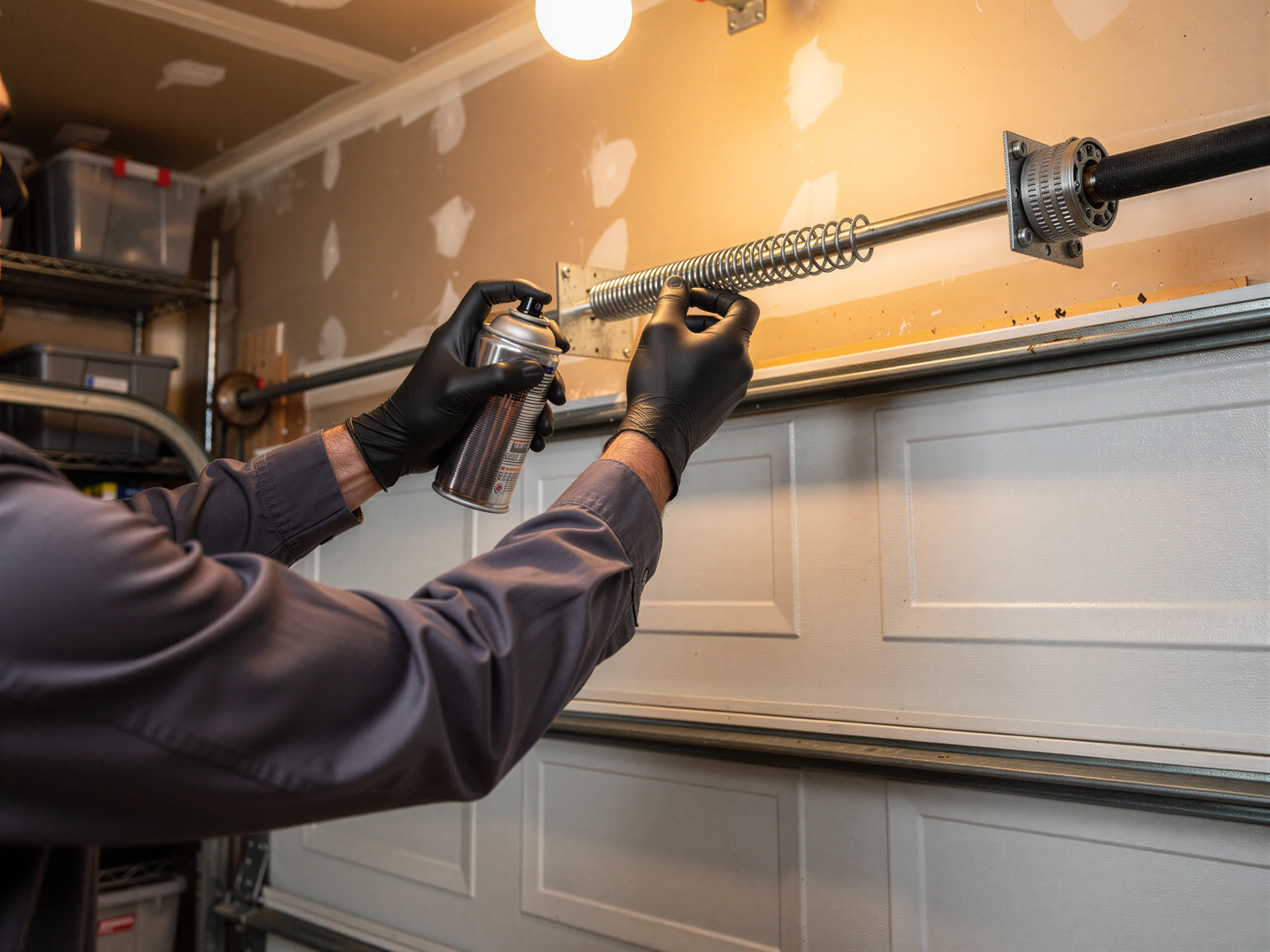 A technician in black gloves sprays lubricant on a garage door torsion spring.