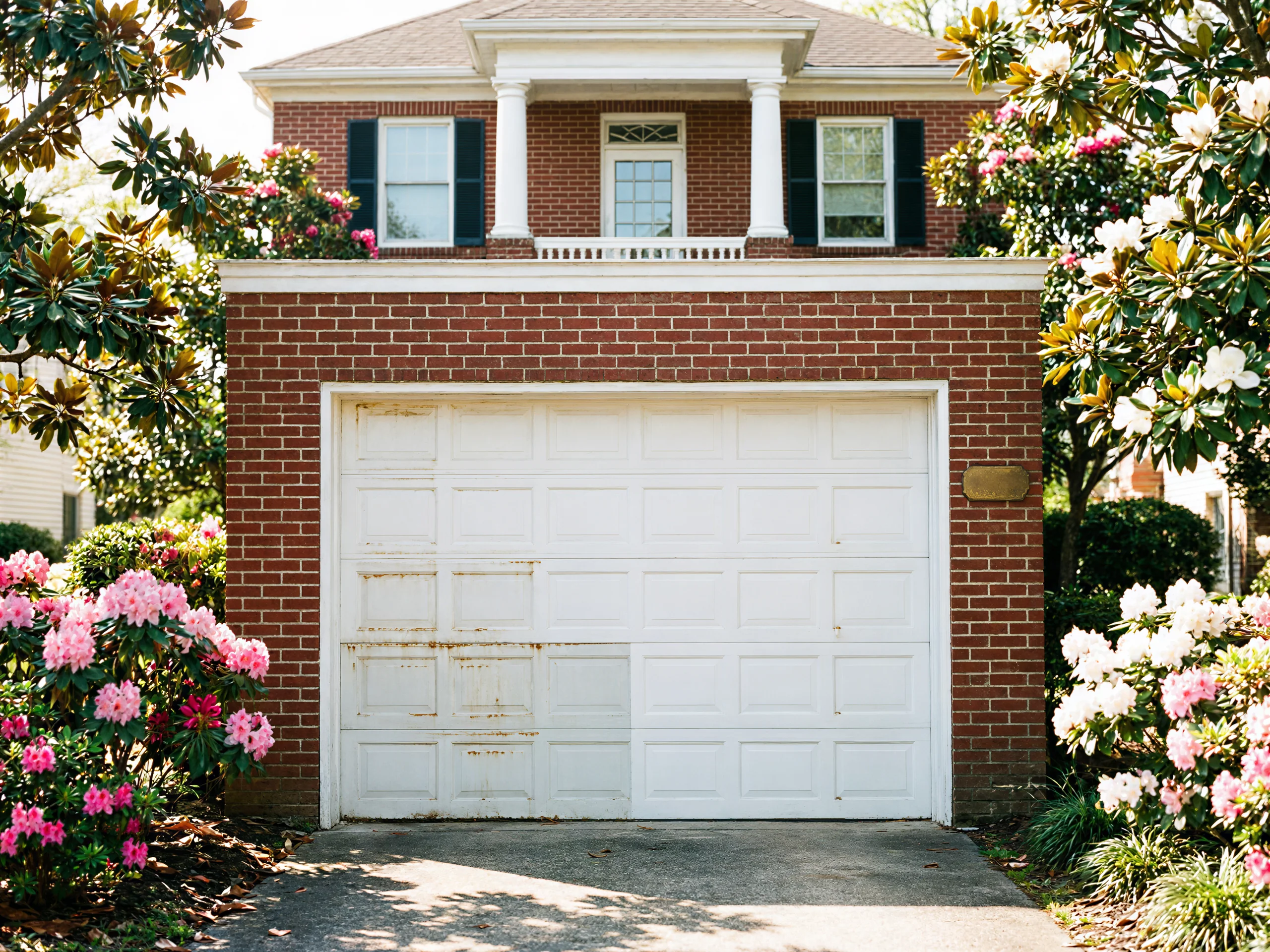 A white garage door with rust on the left side is on a brick house.
