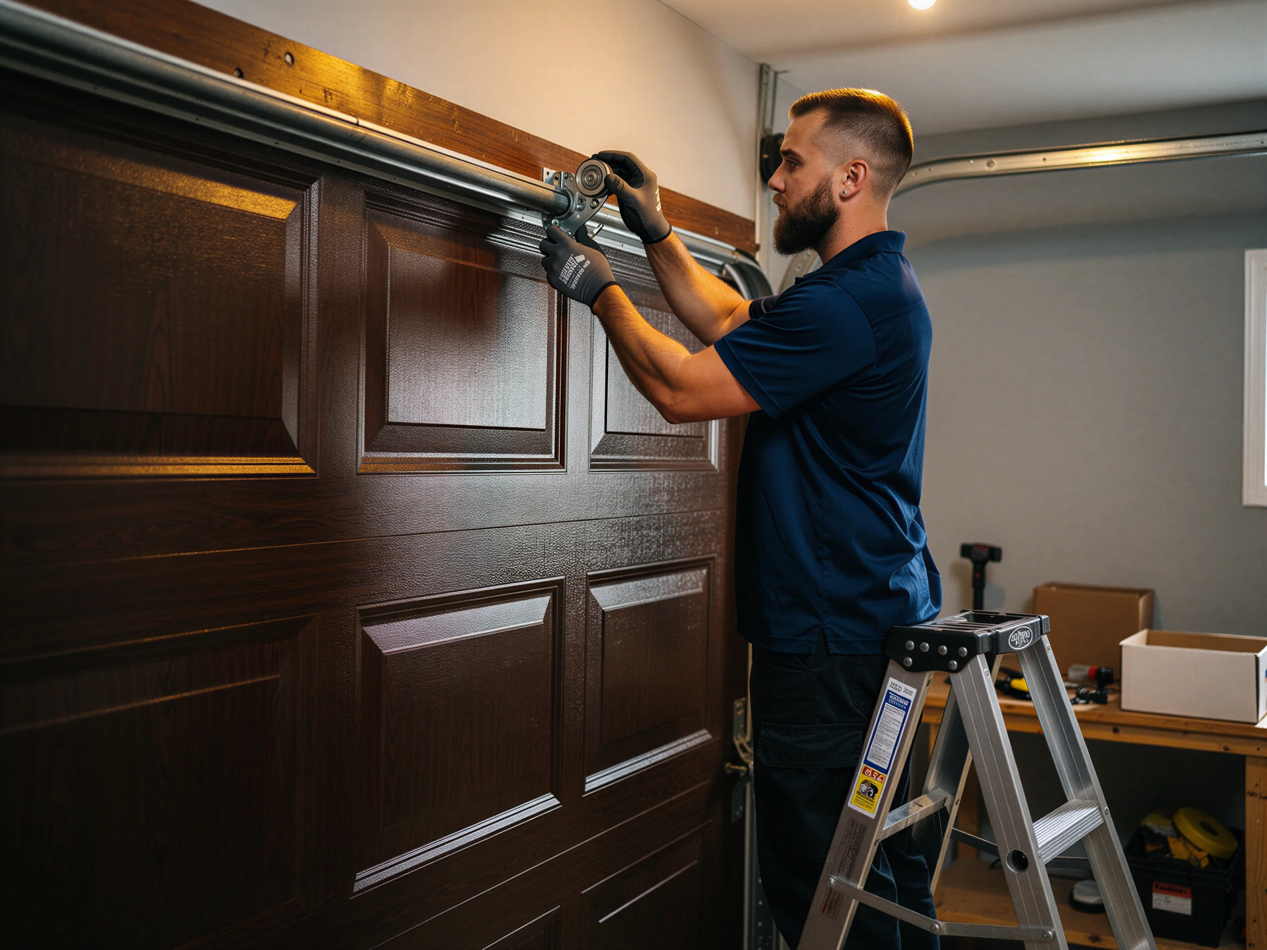 A technician on a ladder is adjusting the roller on a brown garage door.